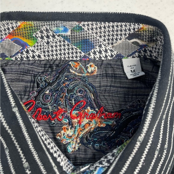 Robert Graham zipper novelty print roll cuff long sleeve men black button down M - Picture 10 of 11